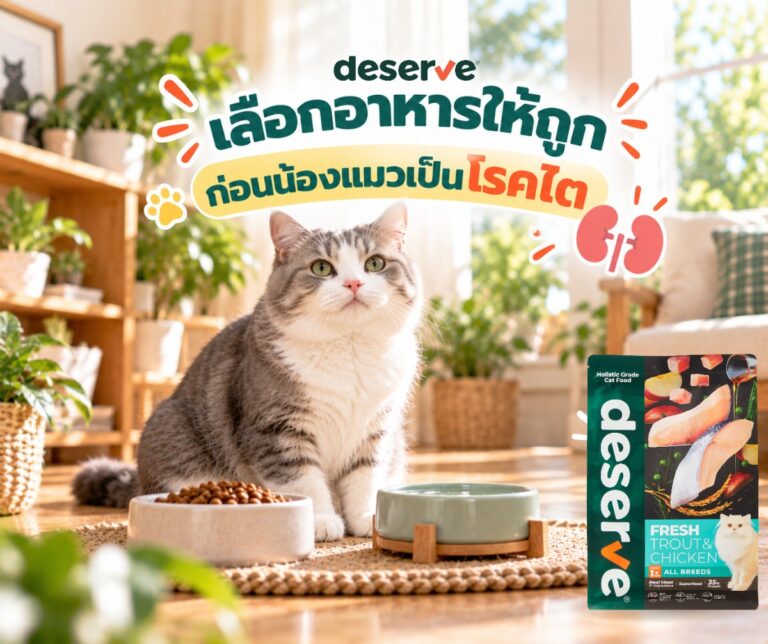 เลือกอาหารให้ถูกก่อนน้องแมวเป็นโรคไต - น้องแมวกับชามน้ำและอาหารเม็ดแมว Deserve Fresh Trout & Chicken