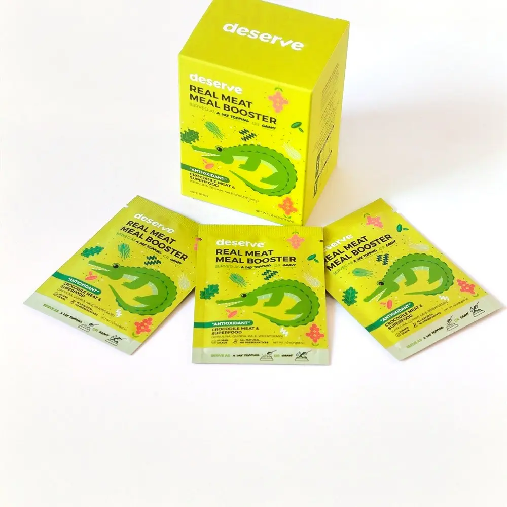 Deserve Real Meat Meal Booster สูตร Antioxidant กล่อง 12 ซอง – กล่องและซองผงโรยอาหาร