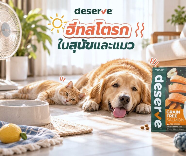 ฮีทสโตรกในสุนัขและแมว ภัยเงียบหน้าร้อน - น้องหมาโกลเด้นและน้องแมวนอนคลายร้อน ข้างอาหารเม็ดสุนัข Deserve Grain Free Salmon