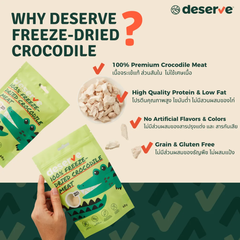 Deserve Freeze-Dried Crocodile Meat – เนื้อจระเข้ฟรีซดรายแท้ 100% ขนมสุนัขและแมว 35 g รูปที่ 4