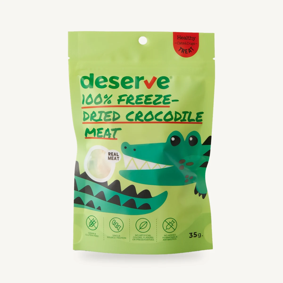 Front of the Deserve 100% freeze-dried crocodile meat treat bag, 35 g
