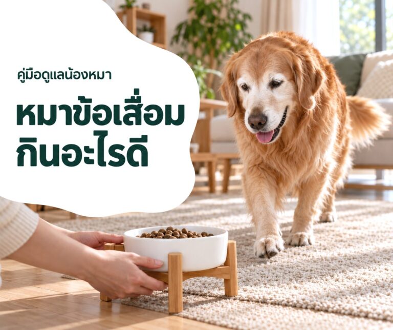 น้องหมาโกลเด้นรีทรีฟเวอร์สูงวัยเดินบนพรมกันลื่นมาหาชามอาหารเม็ดบนที่วางยกสูง ปกบทความหมาข้อเสื่อมกินอะไรดี