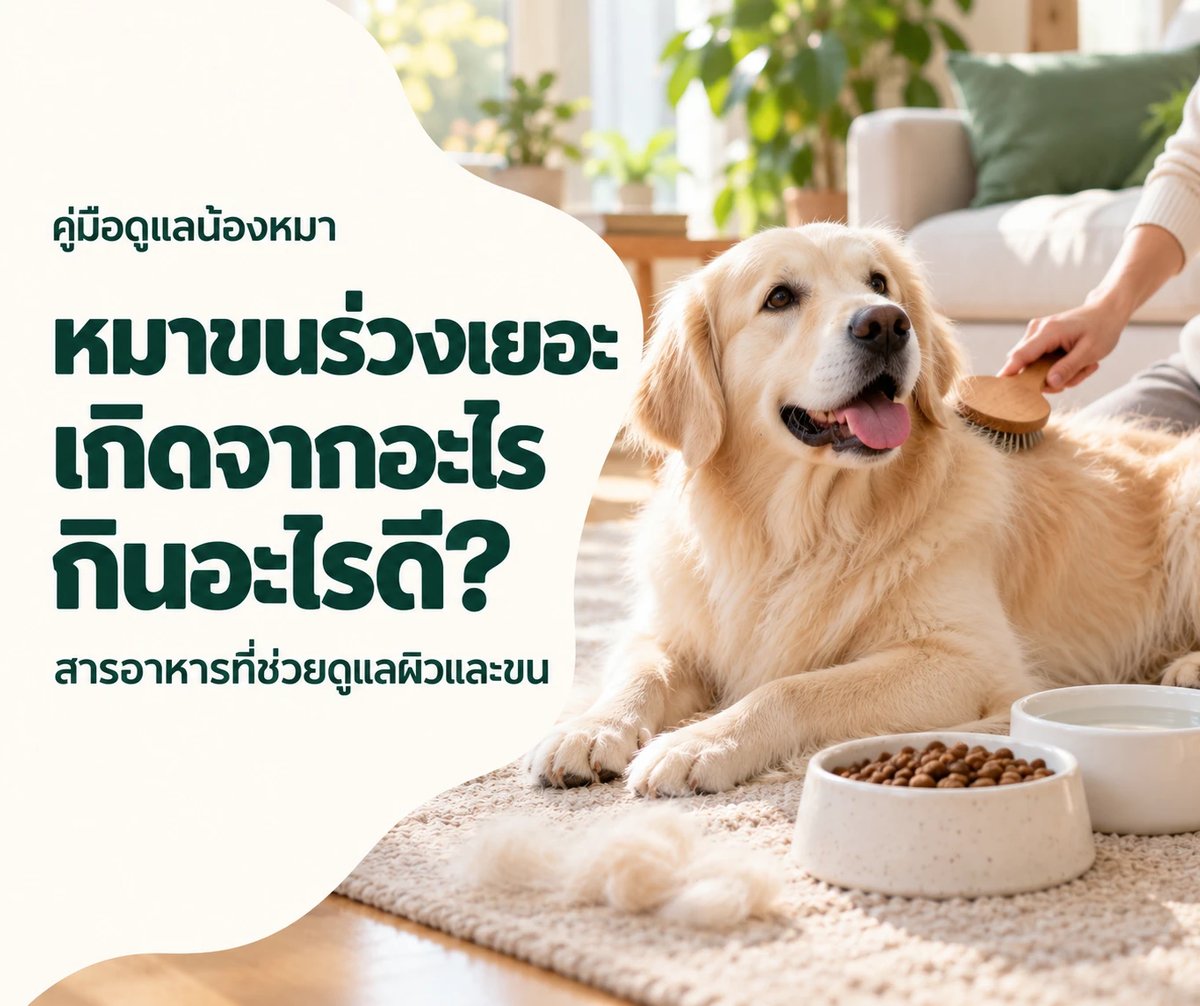 หมาขนร่วงเยอะ เกิดจากอะไร กินอะไรดี - น้องหมาโกลเด้นขนสีครีมกำลังถูกแปรงขน ข้างชามอาหารและชามน้ำ